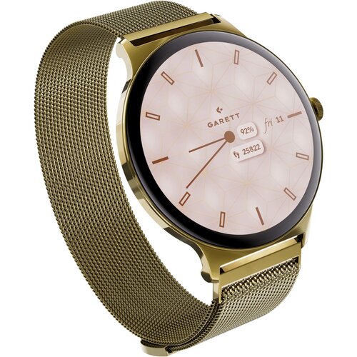 Złoty smartwatch z metalową bransoletą i okrągłą tarczą, na której widnieje logo "GARETT". Na tarczy wyświetlane są informacje: poziom naładowania 92%, data "fri 11" oraz liczba kroków "25822".