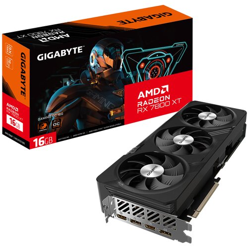 Pudełko z napisem "GIGABYTE" i "AMD Radeon RX 7800 XT" oraz grafiką futurystycznego robota, obok znajduje się karta graficzna z trzema wentylatorami, na których widnieje logo "GIGABYTE". Na pudełku widoczne są także oznaczenia "16GB", "Gaming OC 16G", "RD