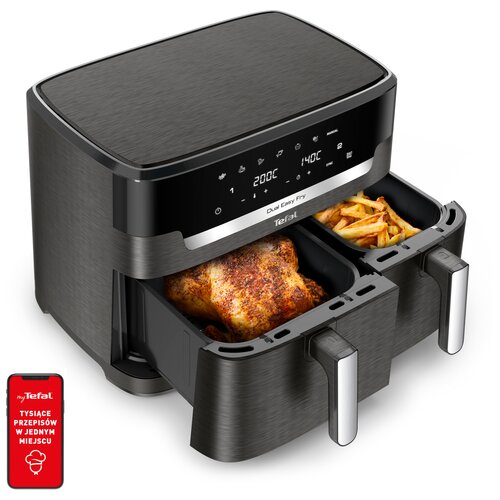 Czarna frytkownica beztłuszczowa z podwójnym koszem, w którym znajdują się pieczony kurczak i frytki; na panelu sterowania widoczne są cyfry "200°C" i "40°C" oraz logo "Tefal". Obok urządzenia znajduje się czerwony prostokąt z napisem "myTefal TYSIĄCE PRZ