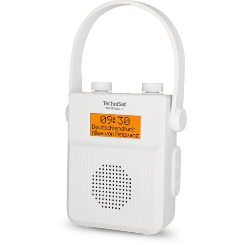 Białe, przenośne radio cyfrowe z wyświetlaczem, na którym widnieje napis "08:30 Deutschlandfunk Alles von Relevanz". Na górze urządzenia znajduje się logo "TechniSat DIGITRADIO 30", a poniżej widoczny jest głośnik z perforacją.