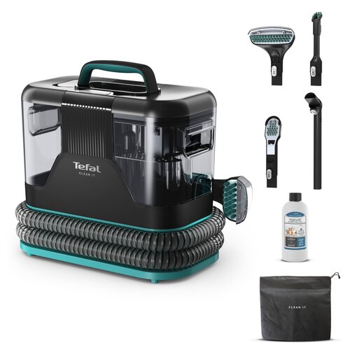Czarny odkurzacz z przezroczystymi elementami i turkusowymi akcentami, z widocznym logo "Tefal Clean It", otoczony spiralnym wężem. Obok znajdują się różne akcesoria, butelka z płynem oraz czarna torba z napisem "Clean It".