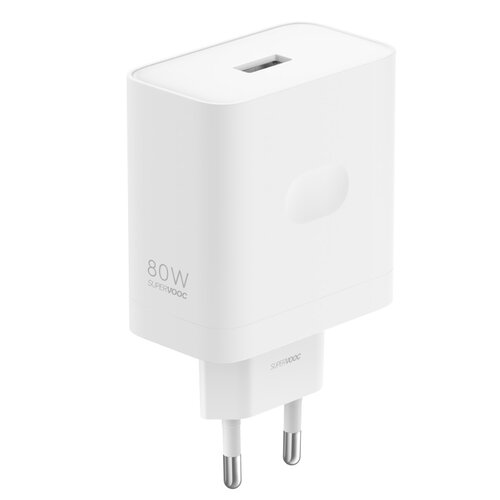 Biała ładowarka sieciowa z napisem "80W SUPERVOOC" na obudowie, posiada prostokątny kształt z zaokrąglonymi krawędziami. Na wtyczce widoczny jest również napis "SUPERVOOC".