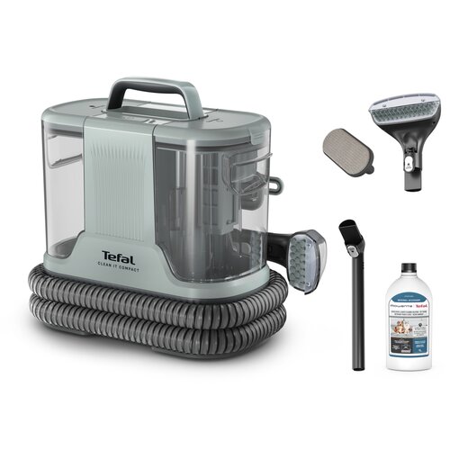 Odkurzacz TEFAL IZ3020F0 Clean It Compact z widocznym przezroczystym pojemnikiem i szarym wężem, obok znajdują się akcesoria: szczotka, filtr, wąska końcówka oraz butelka płynu czyszczącego z napisem "Rowenta Tefal". Na odkurzaczu widoczne jest logo "Tefal Clean It Compact".