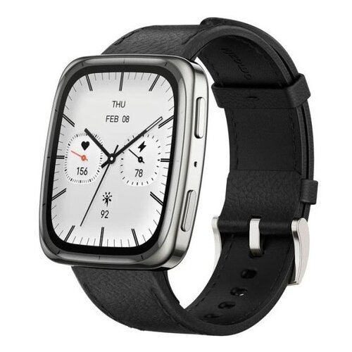 Czarny smartwatch z prostokątną tarczą wyświetla datę "THU FEB 08" oraz trzy tarcze z danymi: 156, 78 i 92. Pasek zegarka jest wykonany z ciemnego materiału, a obudowa ma metaliczne wykończenie.