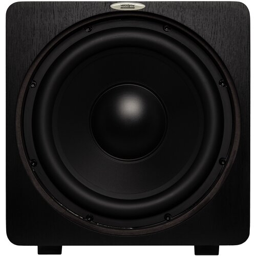 Czarny subwoofer z dużym głośnikiem centralnym, otoczony ciemną obudową z widocznym logo "velodyne" na górze. Produkt ma eleganckie, zaokrąglone rogi i wykończenie w ciemnym drewnie.