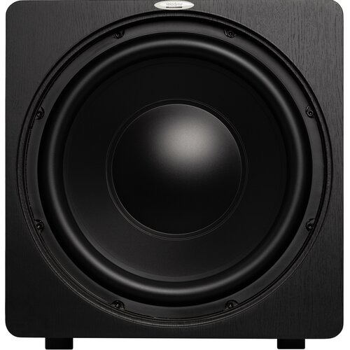 Czarny subwoofer z dużym głośnikiem centralnym, otoczony obudową o drewnianej fakturze. Na górze widoczne jest logo z napisem "Velodyne".