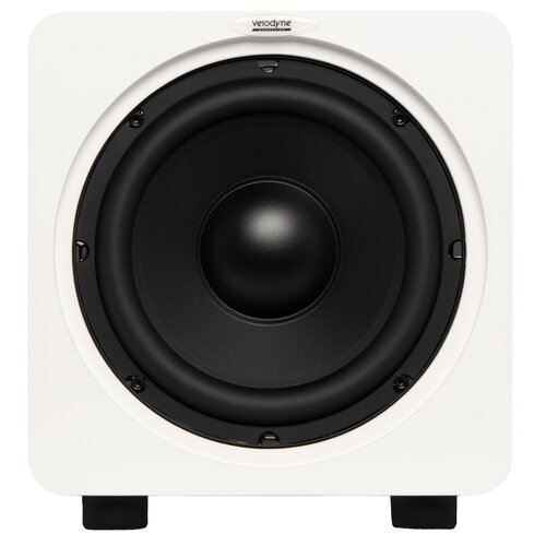 Biały subwoofer z dużym, czarnym głośnikiem centralnym, umieszczony na dwóch nóżkach. Na górze obudowy widoczne jest logo "velodyne".