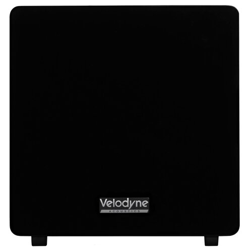 Czarny subwoofer o połyskującej powierzchni z widocznym logo "Velodyne Acoustics" na dole. Produkt ma prostokątny kształt z zaokrąglonymi rogami.