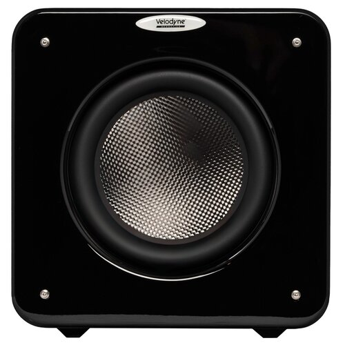 Czarny subwoofer o połyskującej powierzchni z widocznym centralnie głośnikiem o teksturowanej membranie. Na górze obudowy znajduje się logo z napisem "Velodyne".