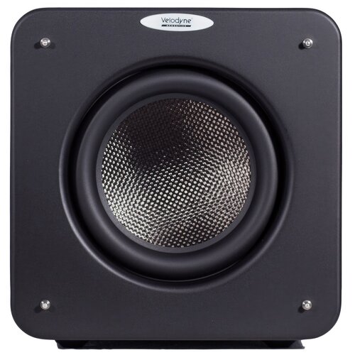 Czarny subwoofer z widocznym centralnie głośnikiem o teksturowanej powierzchni. Na górze obudowy znajduje się logo z napisem "Velodyne".
