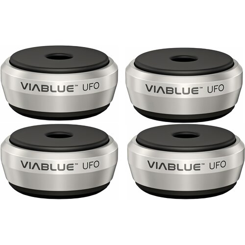 Cztery srebrne tłumiki drgań z czarnymi elementami, każdy z napisem "VIABLUE™ UFO" na boku. Produkty są ułożone w dwóch rzędach po dwa.