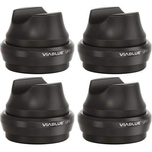 Cztery czarne podstawki na kable o zaokrąglonym kształcie, każda z napisem "VIABLUE™ UFO" na boku. Podstawki są ustawione w dwóch rzędach po dwie sztuki.