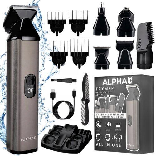 Na zdjęciu znajduje się trymer ALPHA ABS-07 wraz z różnymi akcesoriami, takimi jak nasadki, kabel USB, grzebień i podstawka. Obok trymera widoczne jest opakowanie z napisem: "ALPHA TRYMER UNIWERSALNY ABS-07, 6 GŁOWIC Z NAKŁADKAMI DO WSZYSTKICH PARTII CIAŁ