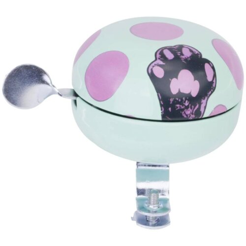Miętowy dzwonek rowerowy z różowymi kropkami i motywem łapki, posiada metalowy uchwyt montażowy oraz dźwignię do dzwonienia. Produkt to "Dzwonek rowerowy SUN BABY Łapka 13.036.0.1 Miętowy".