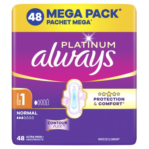 Opakowanie podpasek Always Platinum Normal Rozmiar 1 zawiera 48 sztuk i jest oznaczone jako "Mega Pack". Na opakowaniu widnieją napisy: "Protection & Comfort", "Contour Flex™", oraz "48 Ultra Pads Absorbante".