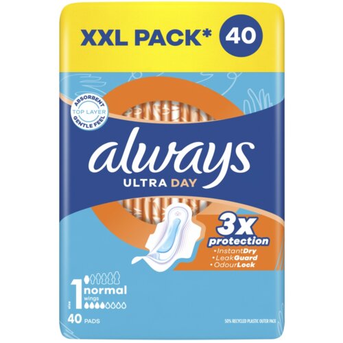 Opakowanie podpasek Always Ultra Day XXL Pack zawiera 40 sztuk i oferuje 3x ochronę z technologiami InstantDry, LeakGuard i OdourLock. Na opakowaniu widnieje napis "1 normal wings" oraz informacja o 50% zrecyklingowanego plastiku w opakowaniu zewnętrznym.