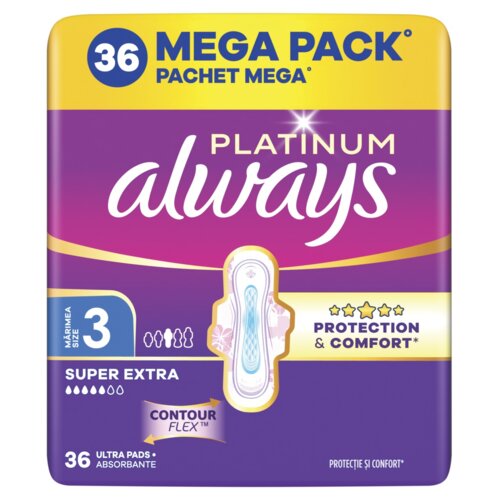 Opakowanie podpasek Always Platinum Super Extra Rozmiar 3 zawiera 36 sztuk i jest oznaczone jako "Mega Pack". Na opakowaniu widnieją napisy: "PLATINUM always", "PROTECTION & COMFORT", "CONTOUR FLEX™", oraz "36 ULTRA PADS ABSORBANTE".