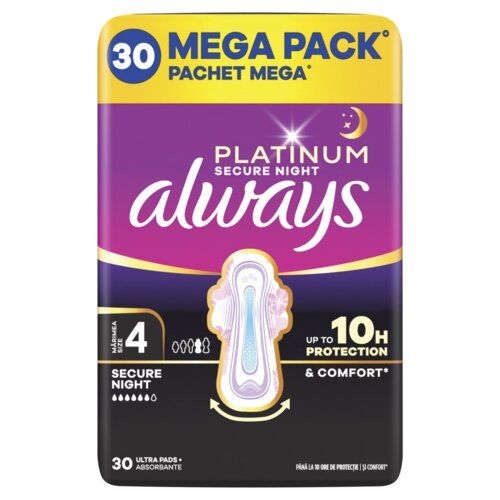 Opakowanie podpasek Always Platinum Secure Night Rozmiar 4 zawiera 30 sztuk i jest oznaczone jako "Mega Pack". Na opakowaniu widnieje napis "Up to 10H Protection & Comfort" oraz ilustracja podpaski.
