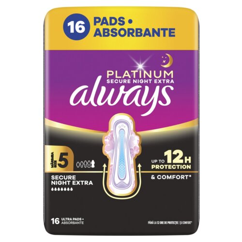 Opakowanie podpasek Always Platinum Secure Night Extra Rozmiar 5 zawiera 16 sztuk, z napisem "UP TO 12H PROTECTION & COMFORT" oraz grafiką podpaski na tle fioletowo-czarnej kolorystyki. Na górze widnieje napis "16 PADS • ABSORBANTE".