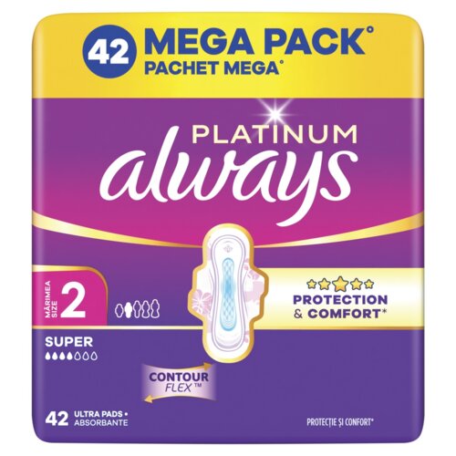 Opakowanie podpasek z napisem "42 MEGA PACK PACHET MEGA" na żółtym tle oraz "PLATINUM always" na fioletowym tle. Widoczne są również oznaczenia "SIZE 2", "SUPER", "PROTECTION & COMFORT", "CONTOUR FLEX" oraz "42 ULTRA PADS ABSORBANTE".