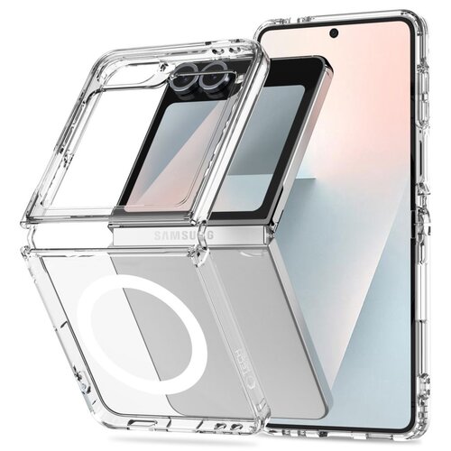 Przezroczyste etui TECH-PROTECT Flexair Hybrid MagSafe do Samsung Galaxy Z Flip 6/7 FE jest pokazane na tle telefonu, z widocznym okrągłym wzorem MagSafe. Na etui znajduje się napis "TECH-PROTECT".