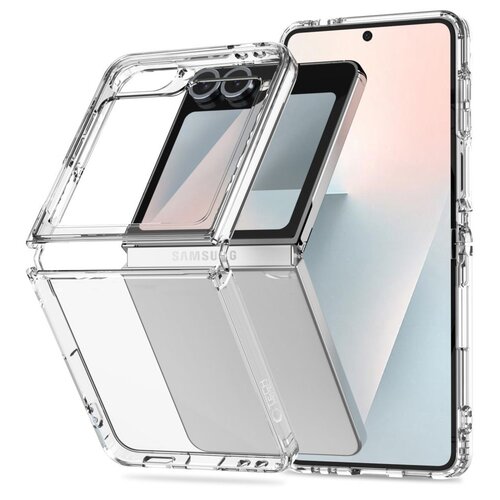 Przezroczyste etui TECH-PROTECT Flexair Hybrid jest pokazane na telefonie Samsung Galaxy Z Flip, z widocznymi wycięciami na aparat i zawias. Na etui znajduje się napis "TECH-PROTECT".