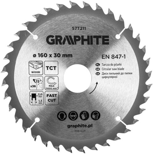 Srebrna tarcza do cięcia z widocznymi zębami, oznaczona jako GRAPHITE 57T211, o średnicy 160 mm i otworze 30 mm, z różnymi piktogramami i napisami, w tym "Tarcza do pilarki" oraz "graphite.pl". Na tarczy znajdują się także informacje techniczne, takie jak