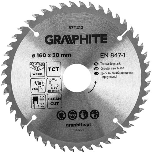 Srebrna tarcza do cięcia z widocznymi zębami, oznaczona jako GRAPHITE 57T212, o średnicy 160 mm i otworze 30 mm, z różnymi piktogramami i napisami, w tym "Tarcza do pilarki", "Circular saw blade", "Диск пильний до пилки циркулярної", oraz "graphite.pl". N