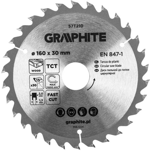 Srebrna tarcza do cięcia z widocznymi zębami, oznaczona jako GRAPHITE 57T210, o średnicy 160 mm i otworze 30 mm. Na tarczy znajdują się piktogramy oraz napisy: "WOOD", "TCT", "FAST CUT", "EN 847-1", a także adres strony internetowej "graphite.pl" i numer 