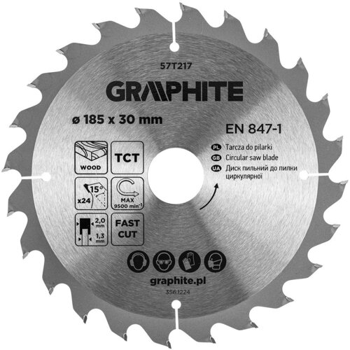 Srebrna tarcza do cięcia z widocznymi zębami, oznaczona jako GRAPHITE 57T217, o średnicy 185 mm i otworze 30 mm. Na tarczy znajdują się piktogramy oraz napisy: "Tarcza do pilarki", "Circular saw blade", "Диск пильний до пилки циркулярної", a także informa