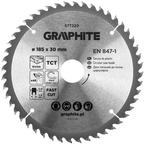 Na zdjęciu znajduje się metalowa tarcza do cięcia z widocznymi zębami na krawędzi, oznaczona jako GRAPHITE 57T220. Na tarczy widnieją napisy: "ø 185 x 30 mm", "EN 847-1", "Tarcza do pilarki", "Circular saw blade", "Диск пильний до пилки циркулярної", oraz