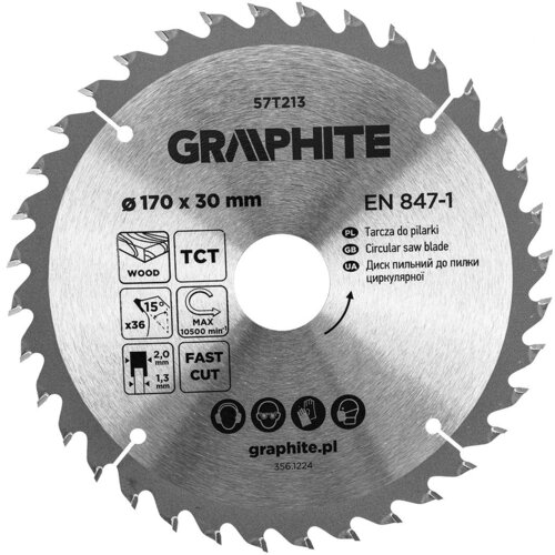 Srebrna tarcza do cięcia z widocznymi zębami, oznaczona jako GRAPHITE 57T213, o średnicy 170 mm i otworze 30 mm, z różnymi piktogramami i napisami, w tym "Tarcza do pilarki", "TCT", "FAST CUT", oraz adresem "graphite.pl". Na tarczy znajdują się także info