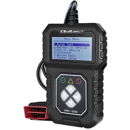 Czarny tester diagnostyczny z wyświetlaczem LCD, na którym widnieje menu z opcjami: "1. Quick test, 2. Battery in Vehicle, 3. Out of Vehicle, 4. Voltmeter, 5. Review Data, 6. System Setup". Na obudowie znajduje się logo "Qoltec" oraz przyciski nawigacyjne