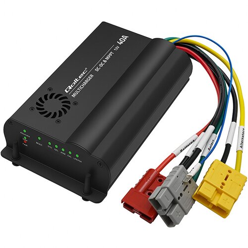 Czarna ładowarka z napisem "Qoltec MULTICHARGER DC-DC & MPPT 12V 40A" oraz widocznymi kolorowymi kablami zakończonymi różnymi złączami. Na urządzeniu znajdują się diody i przyciski oznaczone jako AGM, STD, GEL, AGM, CAL, LiFePO4.