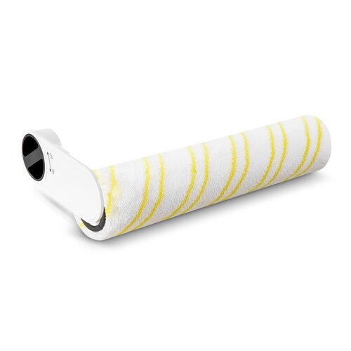 Biały wałek do mopa z żółtymi, spiralnymi paskami na powierzchni. Po lewej stronie widoczny jest biały plastikowy element z czarnymi oznaczeniami.