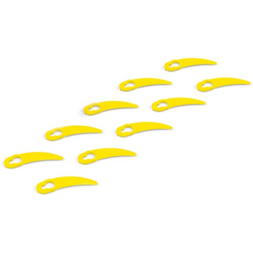 Na zdjęciu widoczne jest dziesięć żółtych noży do podkaszarki, każdy z otworem na jednym końcu. Noże są ułożone w dwóch rzędach, a ich kształt jest zakrzywiony.