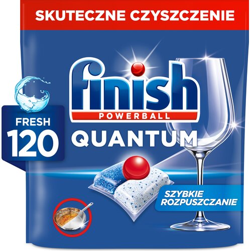 Opakowanie kapsułek do zmywarki z napisem "FINISH Powerball Quantum" oraz "FRESH 120". Na górze widnieje czerwony pasek z napisem "SKUTECZNE CZYSZCZENIE", a na dole znajduje się napis "SZYBKIE ROZPUSZCZANIE" obok grafiki kapsułki i kieliszka.