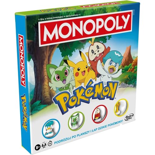 Pudełko gry planszowej z napisem "MONOPOLY" na czerwonym tle oraz "POKÉMON" poniżej, przedstawia kolorowe postacie z serii Pokémon na tle lasu. Na dole widnieje napis: "PODRÓŻUJ PO PLANSZY I ŁAP DZIKIE POKÉMONY!" oraz logo Hasbro Gaming.