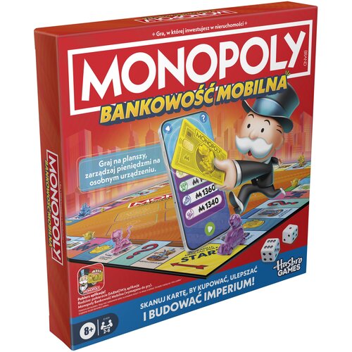 Czerwone pudełko gry planszowej z napisem "MONOPOLY BANKOWOŚĆ MOBILNA" oraz ilustracją postaci trzymającej kartę i urządzenie mobilne. Na pudełku widnieje tekst: "Graj na planszy, zarządzaj pieniędzmi na osobnym urządzeniu. Skanuj kartę, by kupować, uleps