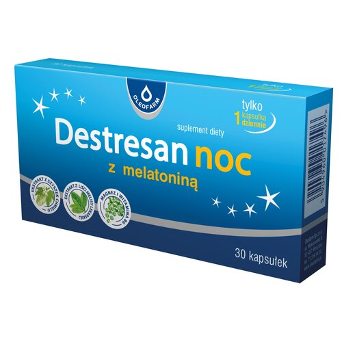 Niebieskie opakowanie suplementu diety "Destresan noc z melatoniną" marki Oleofarm zawiera 30 kapsułek. Na opakowaniu widnieją napisy: "tylko 1 kapsułka dziennie", "suplement diety", "ekstrakt z szyszek chmielu", "ekstrakt z liści melisy", "magnez i witam