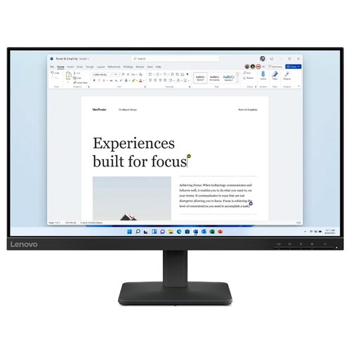 Monitor marki Lenovo wyświetla dokument tekstowy z nagłówkiem "Experiences built for focus" oraz tekstem opisującym znaczenie skupienia. Na dolnym pasku ekranu widoczne są ikony systemowe i aplikacji.