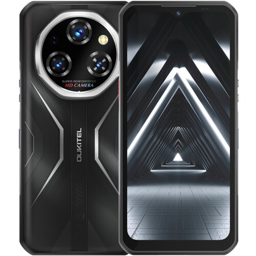 Smartfon OUKITEL WP55 5G 12/256GB 6.6" 120Hz Czarny z widocznym logo "OUKITEL" na tylnej obudowie oraz napisem "SUPER PERFORMANCE HD CAMERA" obok aparatu. Ekran telefonu wyświetla grafikę z jasnymi, trójkątnymi wzorami na ciemnym tle.