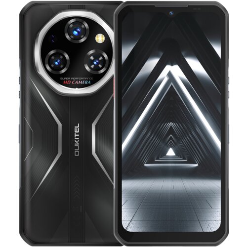 Smartfon OUKITEL WP55 Pro 5G 16/512GB 6.6" 120Hz Czarny jest przedstawiony z przodu i z tyłu. Na tylnej obudowie widoczne są trzy obiektywy aparatu z napisem "SUPER PERFORMANCE HD CAMERA" oraz logo "OUKITEL".
