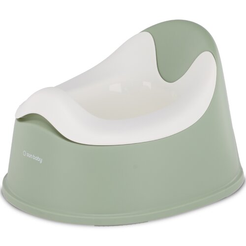 Biało-zielony nocnik o zaokrąglonym kształcie z widocznym logo "sun baby" na zielonej części. Produkt ma ergonomiczny design z wyższym oparciem dla większego komfortu.
