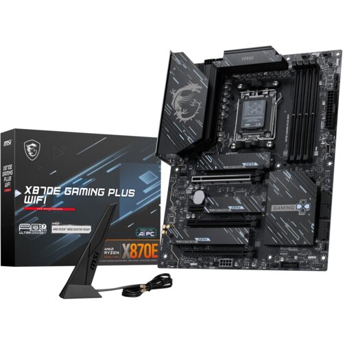Na zdjęciu znajduje się płyta główna z oznaczeniami "MSI" i "GAMING", obok której stoi pudełko z napisem "X870E GAMING PLUS WIFI". Widać również antenę oraz kabel, a na pudełku znajdują się dodatkowe oznaczenia, takie jak "AMD RYZEN 5000 DESKTOP READY" i "X870E".