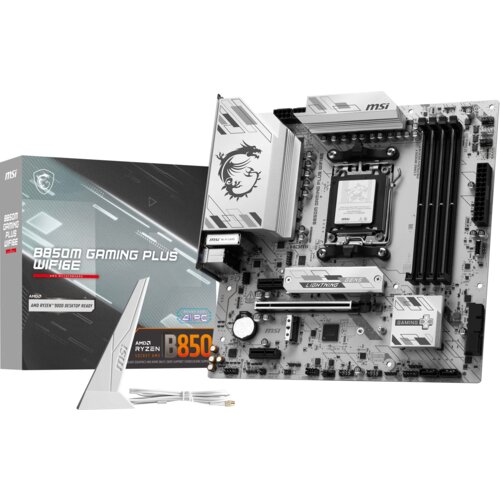 Płyta główna z oznaczeniami "MSI" i "Lightning Gen5" oraz pudełko z napisem "B850M Gaming Plus WiFi6E" i logo producenta. Obok znajduje się antena WiFi oraz przewody.