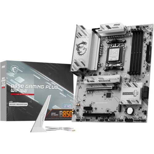 Pudełko i płyta główna z logo MSI, oznaczone jako "B850 Gaming Plus WiFi 6E", z widocznymi elementami technicznymi i złączami. Na pudełku znajdują się napisy: "AMD Ryzen 5000 Desktop Ready" oraz "B850 Gaming Plus WiFi 6E".