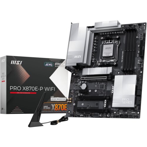 Płyta główna MSI Pro X870E-P WiFi jest przedstawiona obok pudełka z napisem "PRO X870E-P WIFI" oraz "AMD Ryzen X870E". Na płycie widoczne są różne złącza i komponenty, a na pudełku znajdują się logotypy MSI oraz oznaczenia technologii.