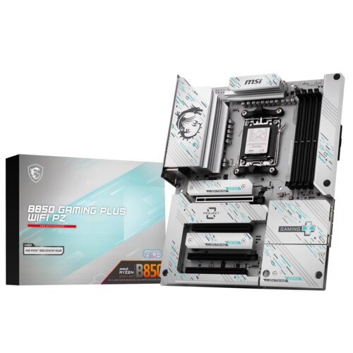 Na zdjęciu widoczna jest płyta główna z oznaczeniami "MSI" oraz "GAMING", a obok niej pudełko z napisem "B850 GAMING PLUS WIFI PZ". Na pudełku znajdują się również logotypy AMD Ryzen i inne oznaczenia techniczne.
