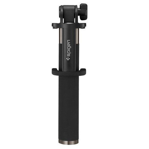 Czarny uchwyt selfie z napisem "spigen" na metalowej części, z widocznym mechanizmem mocującym na górze. Produkt ma ergonomiczny uchwyt i metalowe wykończenie na dole.